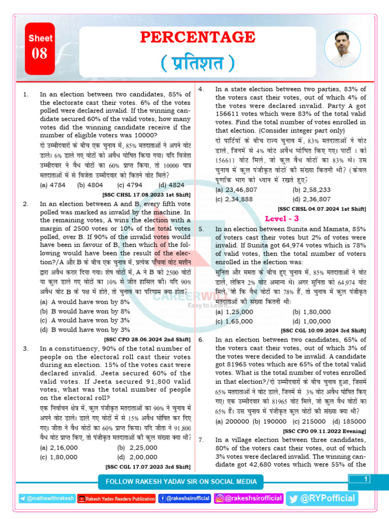 Percentage Practice Sheet - 08 - 472366 - Crwill | PDF | Elections | Voting