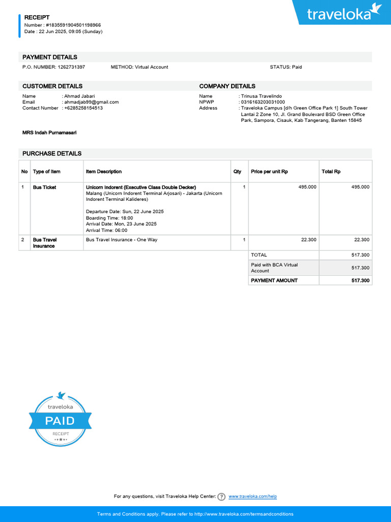 Traveloka Bus Ticket Receipt #1835591904501198966 | PDF | Business