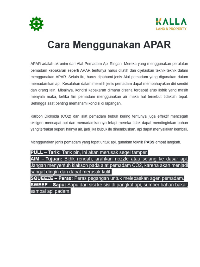Teknik Penggunaan APAR dengan Metode PASS | PDF
