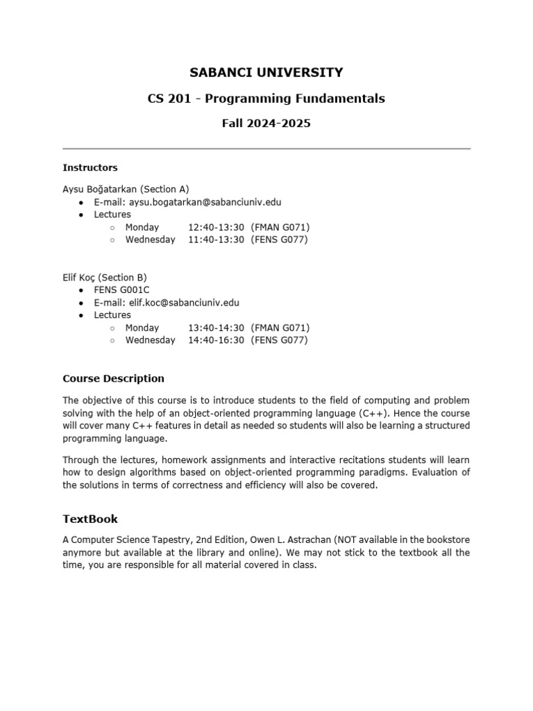 CS 201 Programming Fundamentals Syllabus | PDF | Computer Programming ...