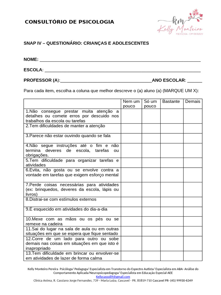 Questionário SNAP IV para Crianças | PDF | Atenção | Psicologia