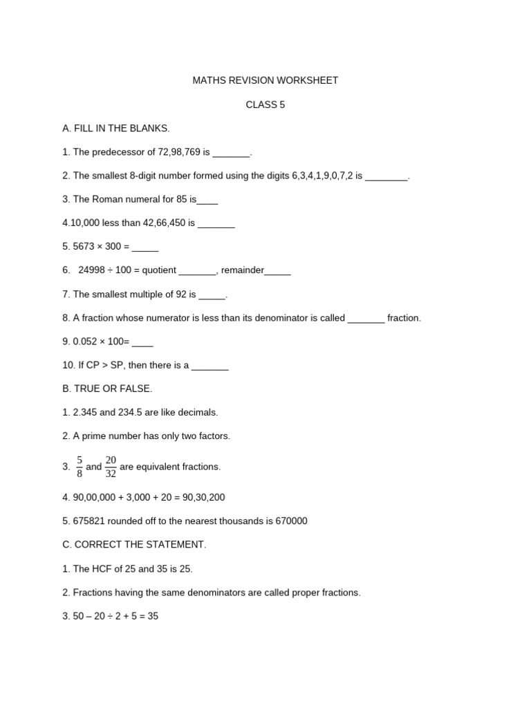 Class 5 Maths Revision Worksheet | PDF | Numbers | Discrete Mathematics