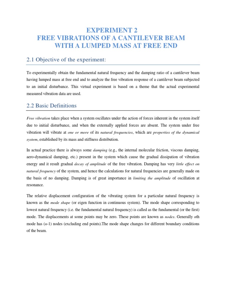 Free Vibrations of a Cantilever Beam Experiment | PDF | Normal Mode ...