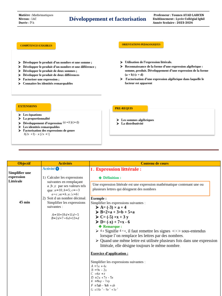 Développement et Factorisation en Mathématiques | PDF | Factorisation ...