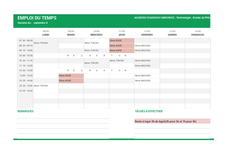 Emploi du temps Semaine du 8 Septembre | PDF
