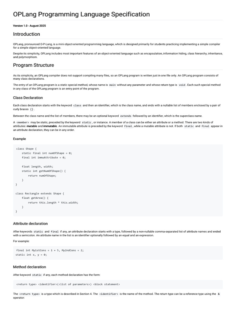 OPLang Language Specification 1.0 | PDF | Class (Computer Programming ...