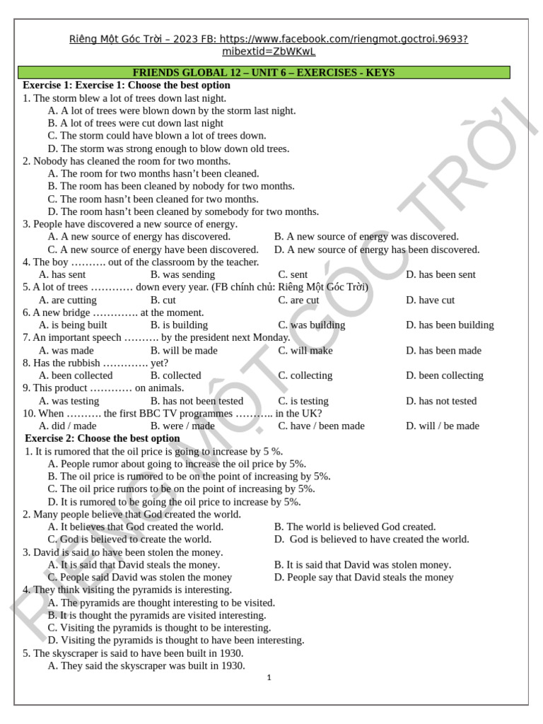 FG12 - UNIT 6 - EXERCISES - ĐỀ | PDF | Flour | Common Cold