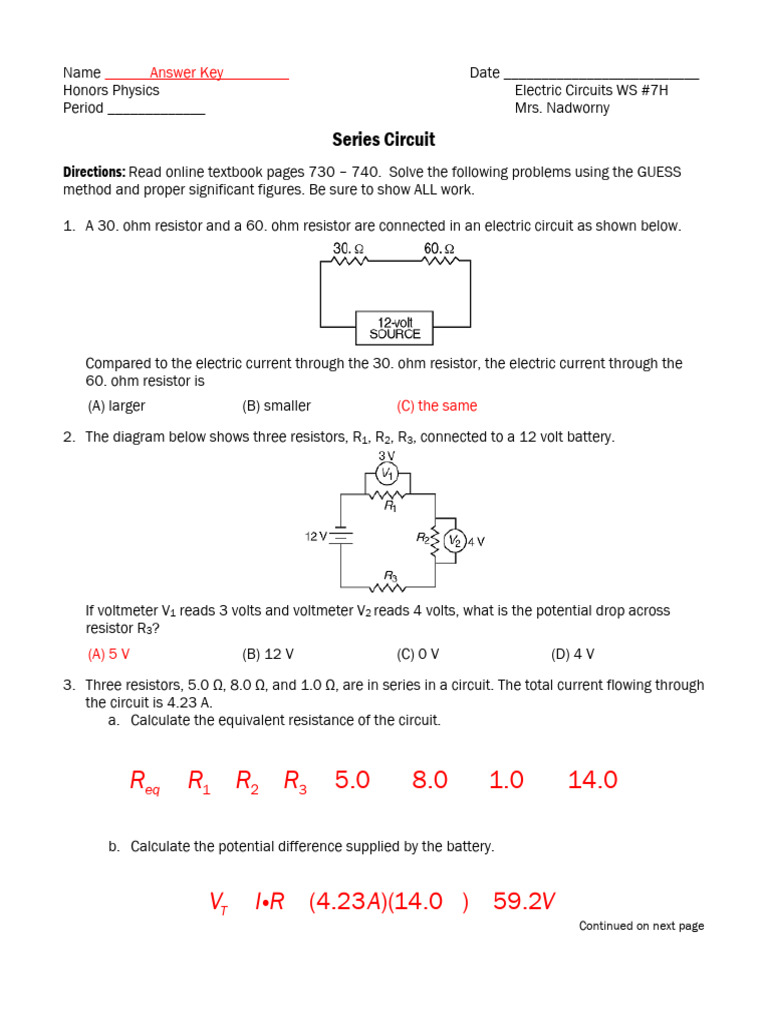 Electric Circuits Worksheet Answer Key | PDF | Resistor | Voltage