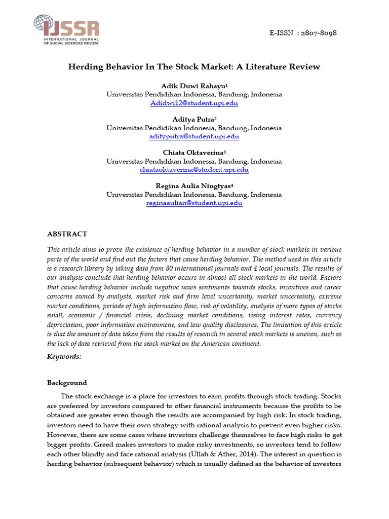 Herding Behavior in Stock Markets | PDF | Attitude (Psychology) | Intention