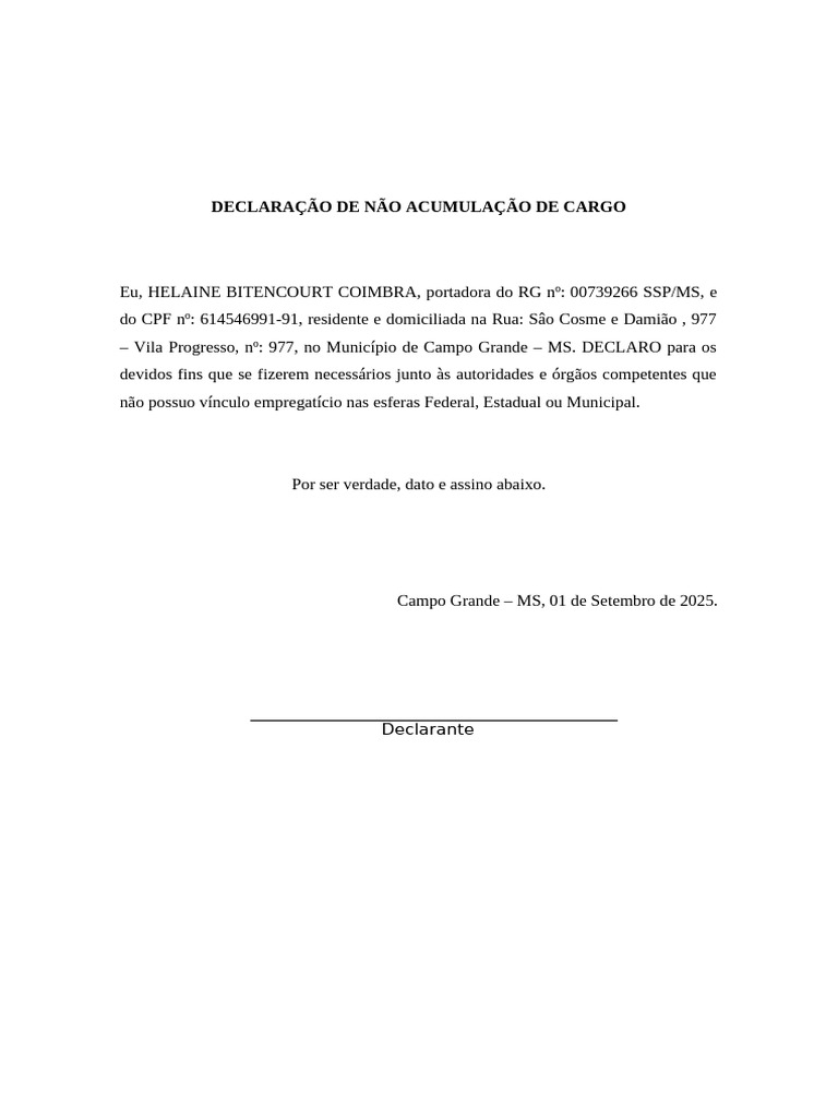 Declaração de Não Acumulação de Cargo | PDF