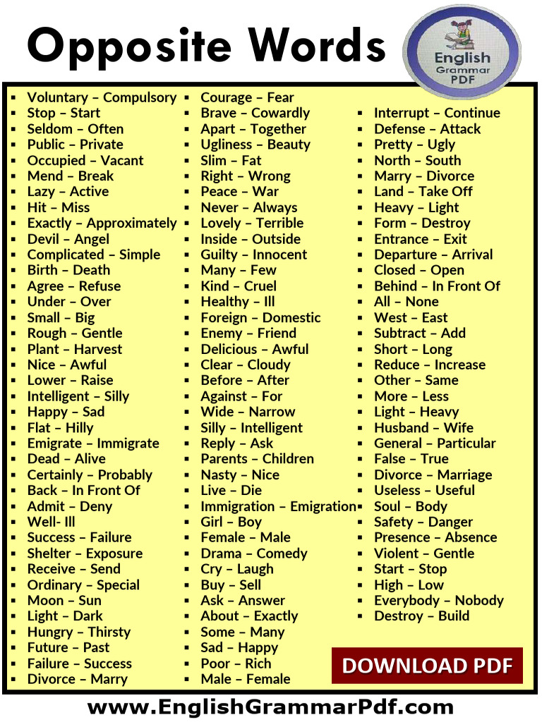 Common Opposite Words List | PDF