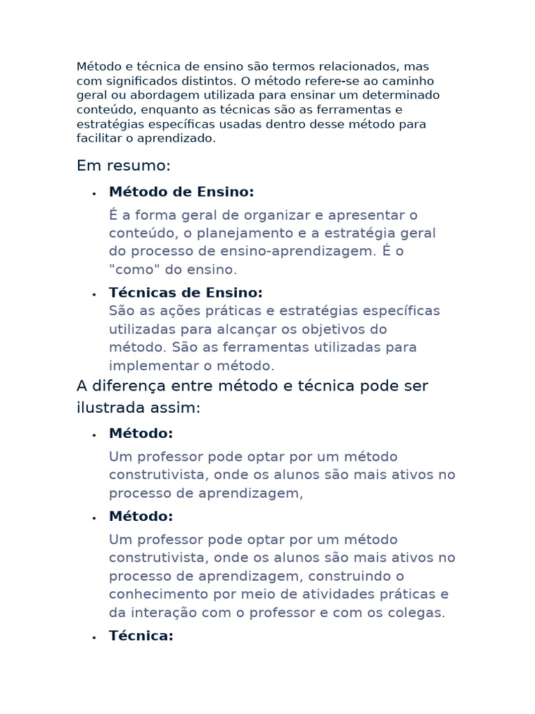 Diferença entre Método e Técnica de Ensino | PDF | Método de ensino ...