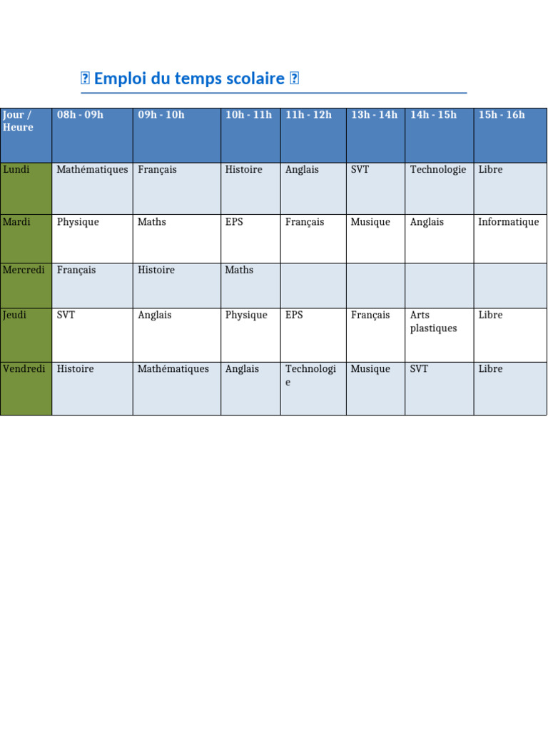 Emploi du temps scolaire hebdomadaire | PDF