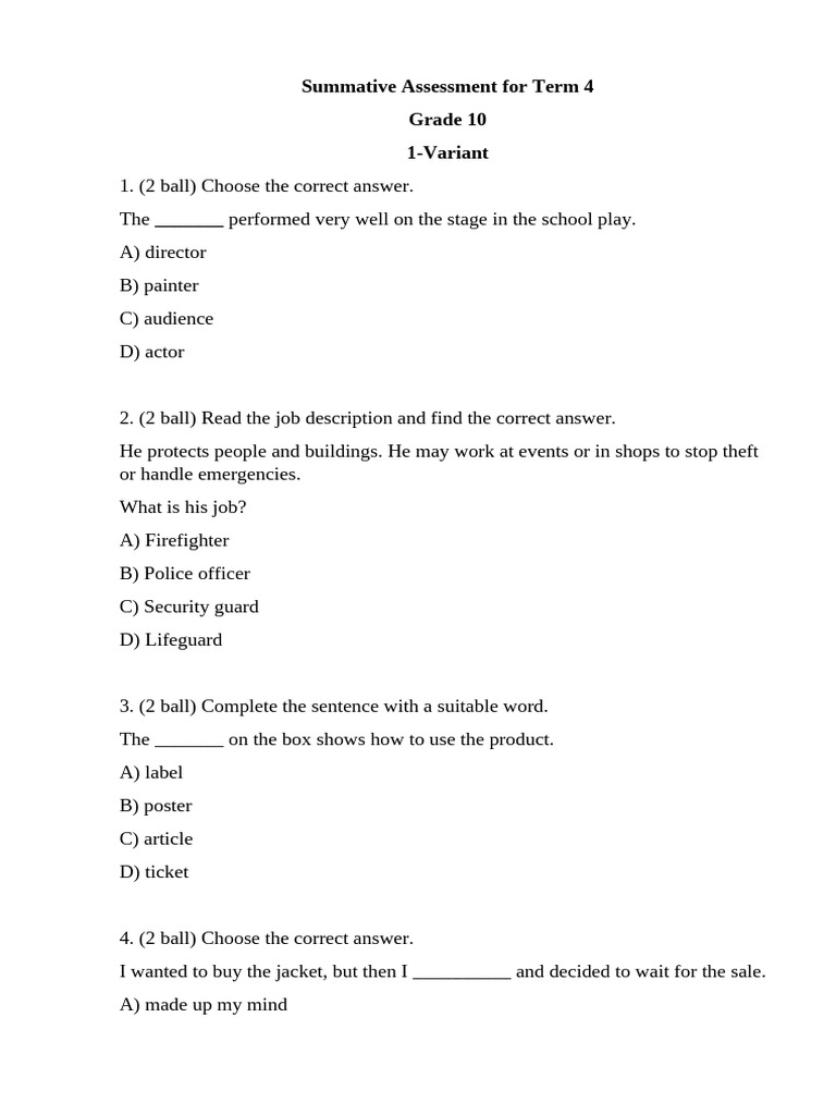 Summative Assessment For Term 4 Grade 10 1-Variant | PDF