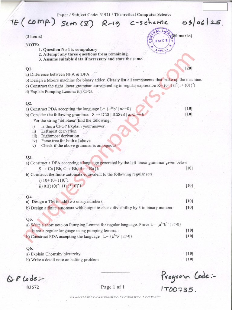 Be Computer Engineering Semester 5 2025 May Theoretical Computer ...