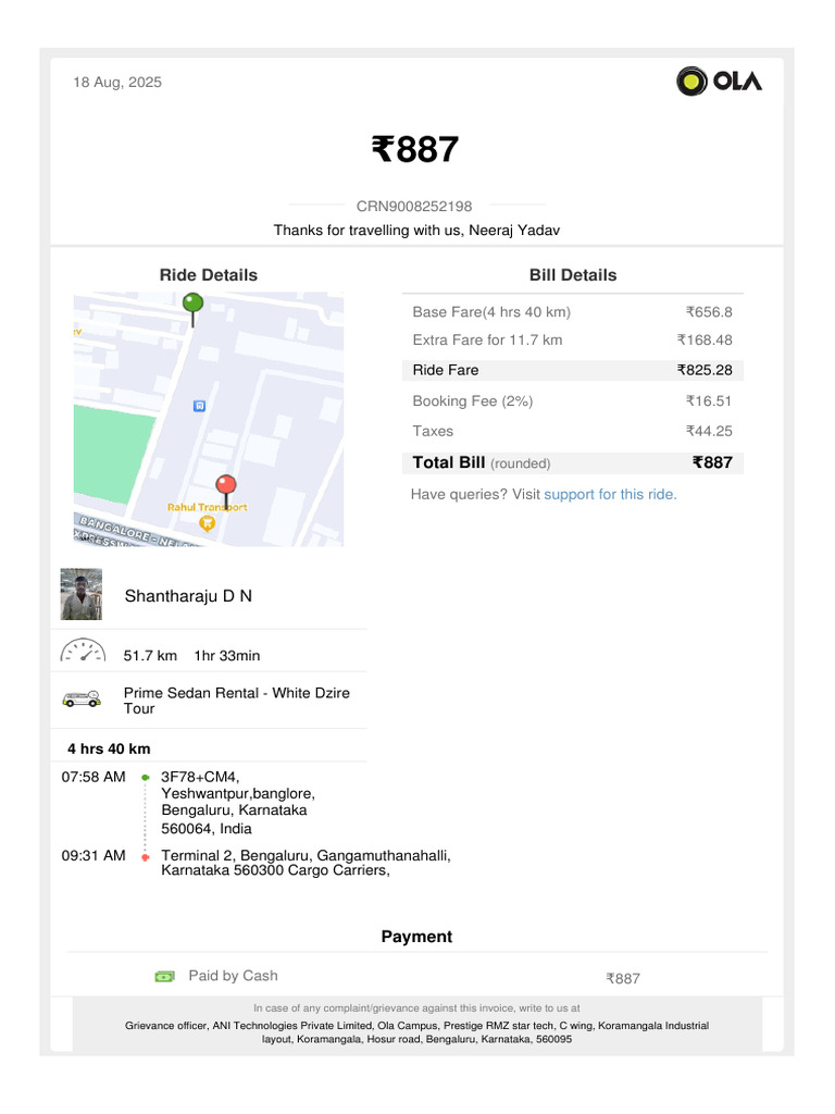 Ola Prime Sedan Rental Invoice | PDF