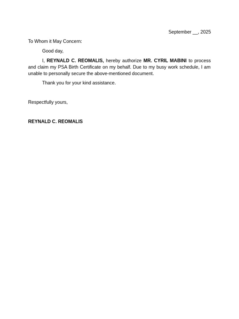 Authorization for PSA Birth Certificate | PDF