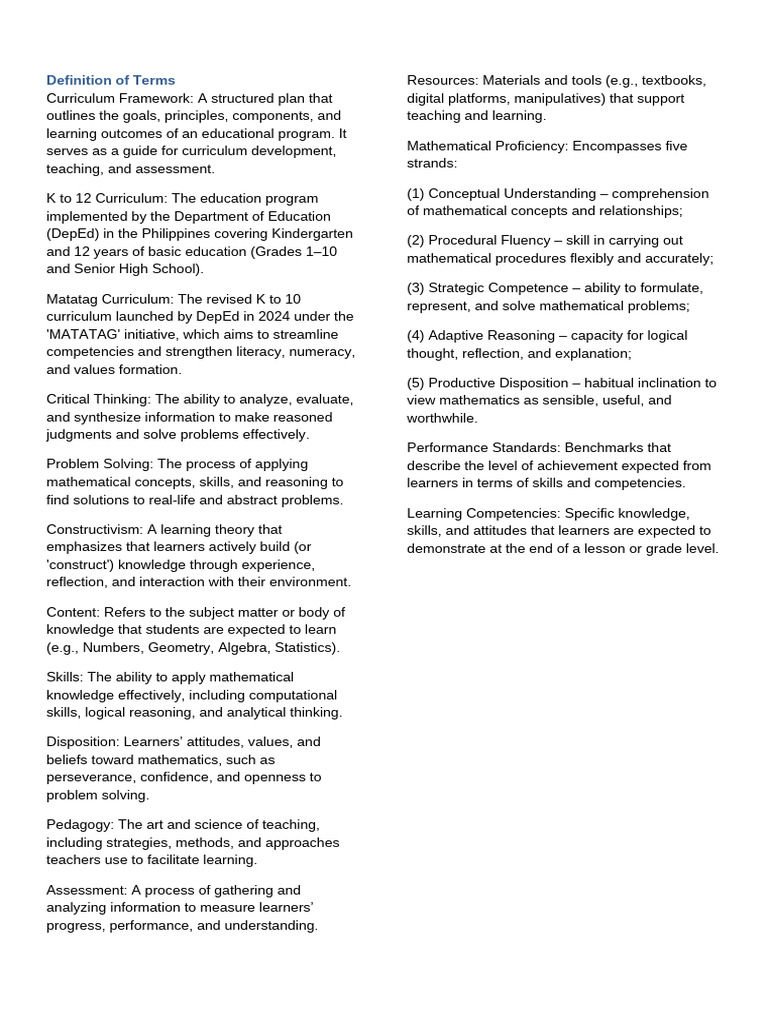 Key Terms in K to 12 Curriculum | PDF | Mathematics | Curriculum