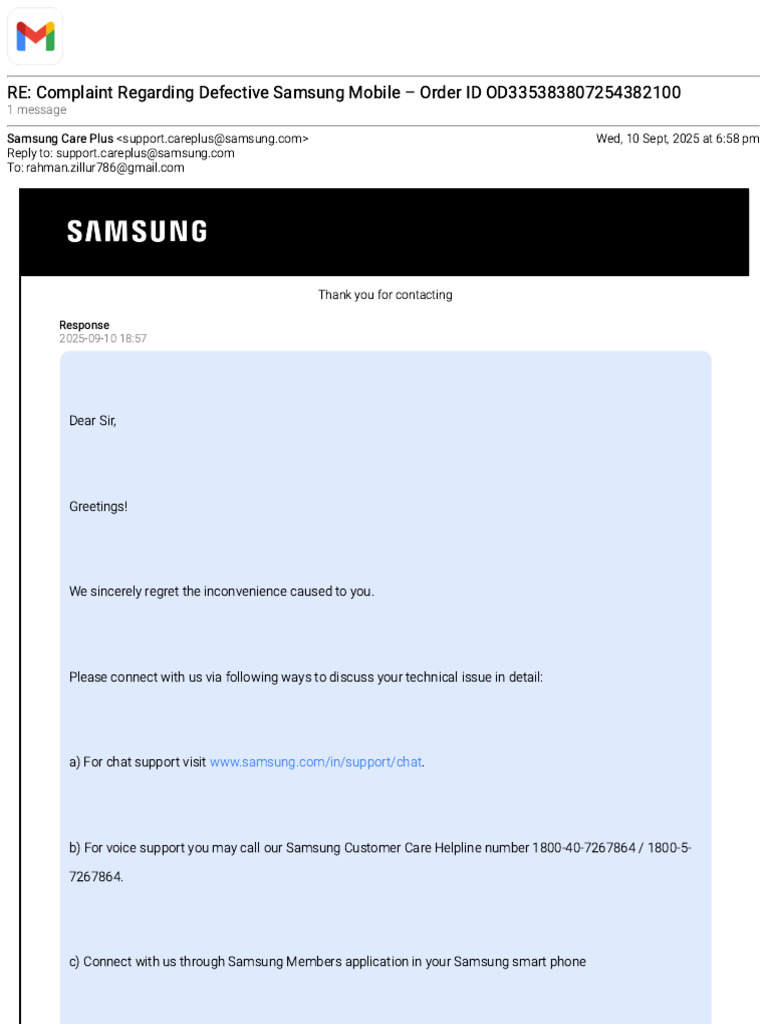 Gmail - RE - Complaint Regarding Defective Samsung Mobile - Order ID ...