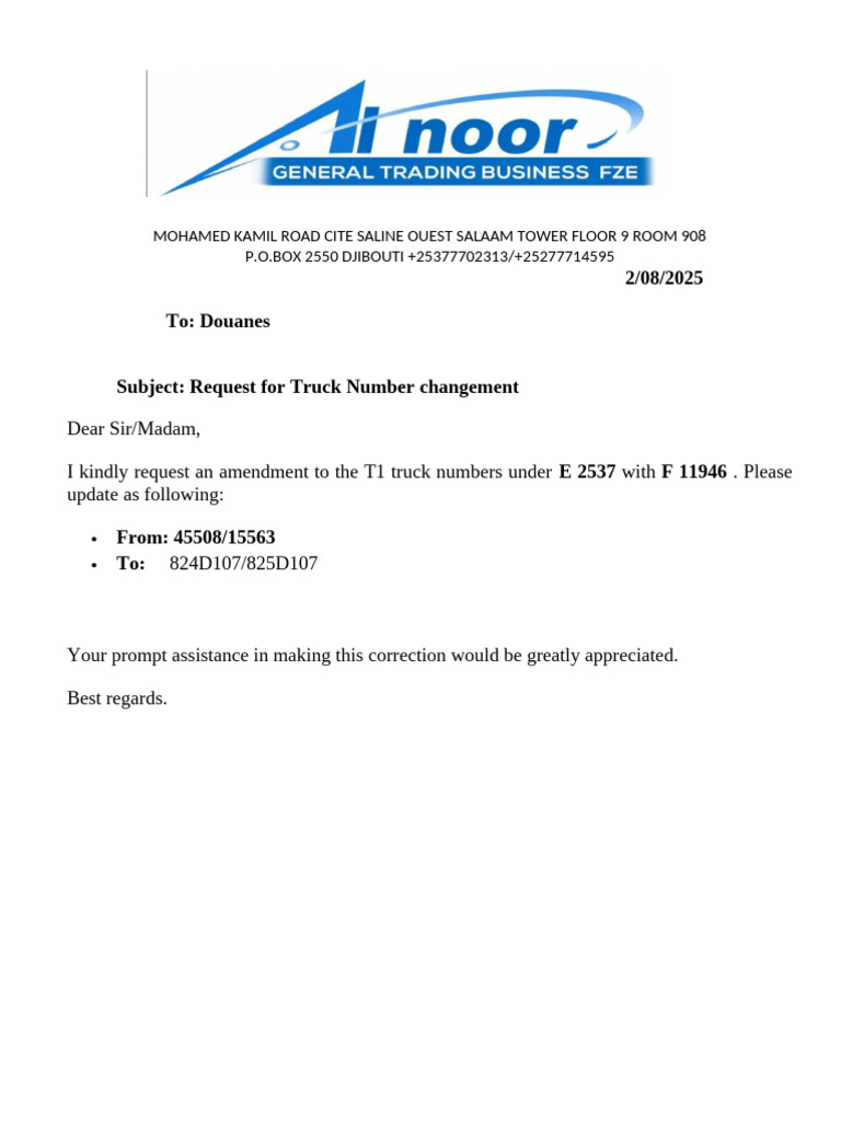 Douanes Requests for Truck and Gatepass Changes | PDF