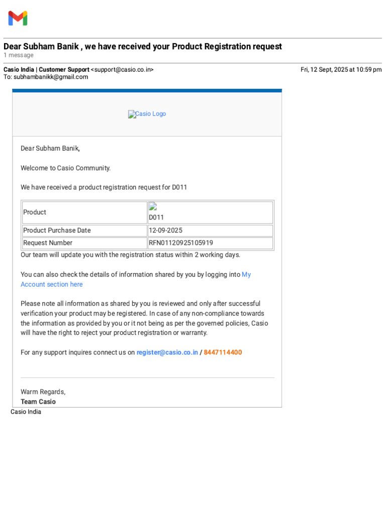 Gmail - Dear Subham Banik, We Have Received Your Product Registration ...