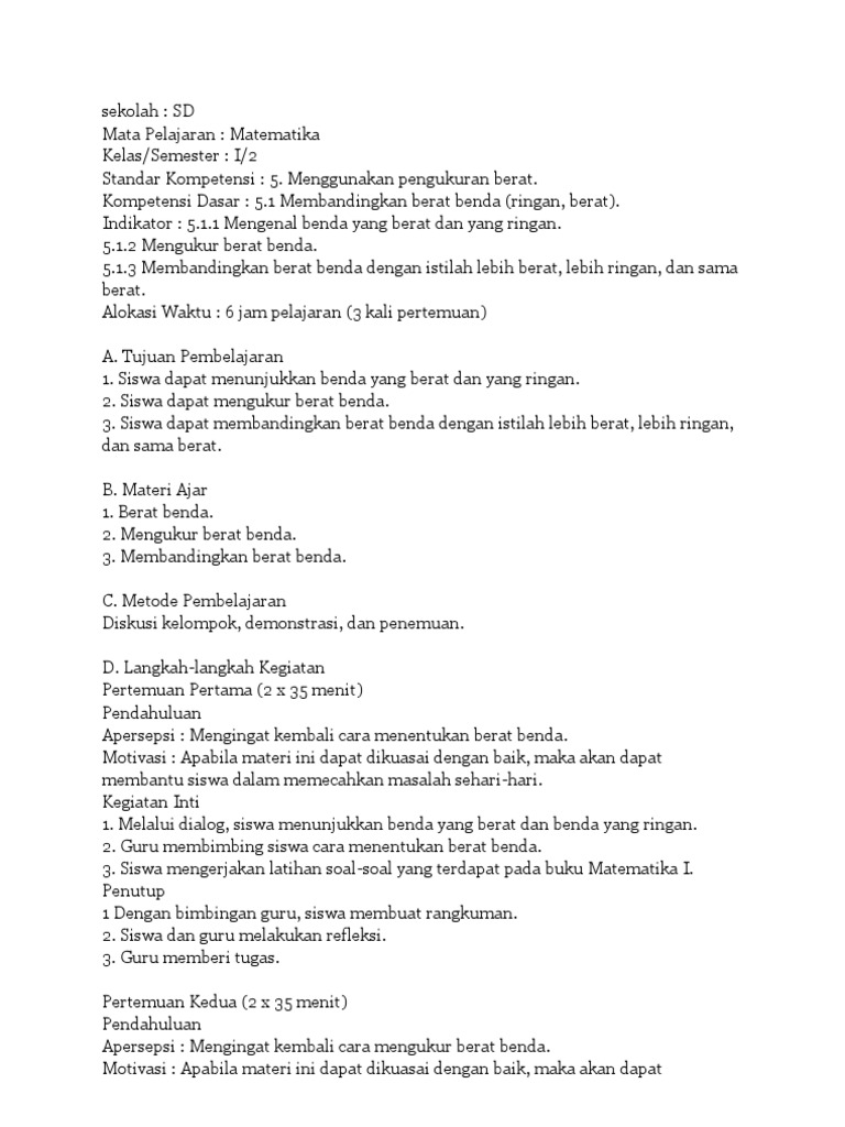 Rpp Matematika Sd Kelas 1