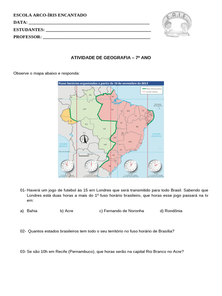 Atividade de Geografia - Fuso Horário 7º Ano | PDF