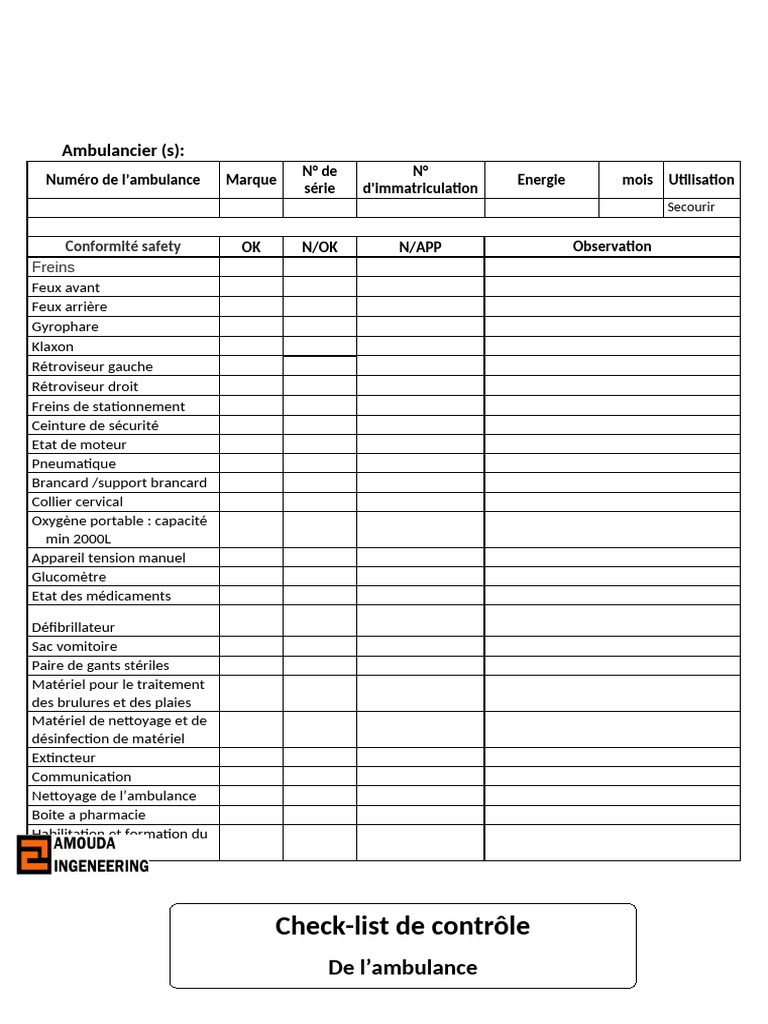 Checklist de Contrôle Ambulance | PDF