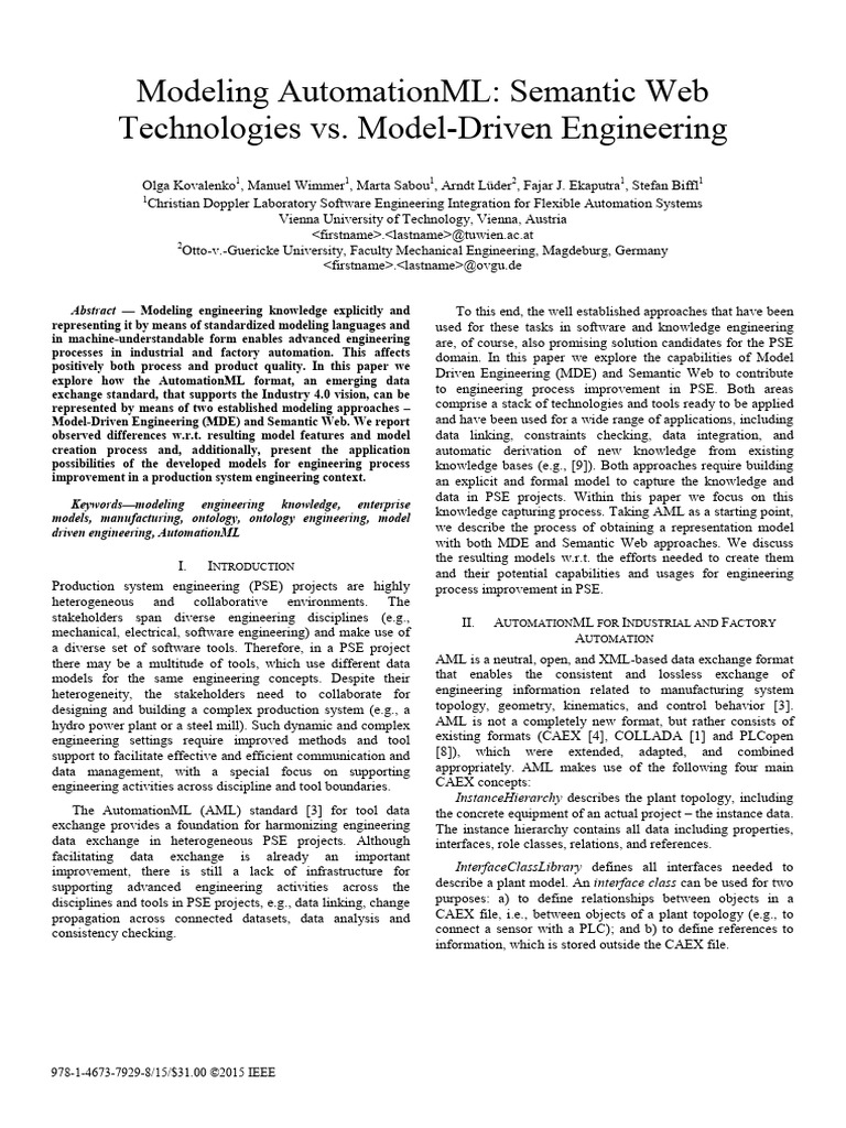 Modeling AutomationML Semantic Web Technologies vs. Model-Driven ...