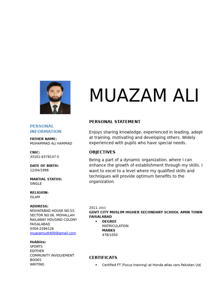 Muazam Ali's Professional Profile | PDF