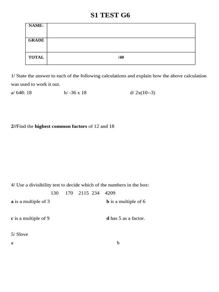 G6 Math Test: Calculations & Factors | PDF