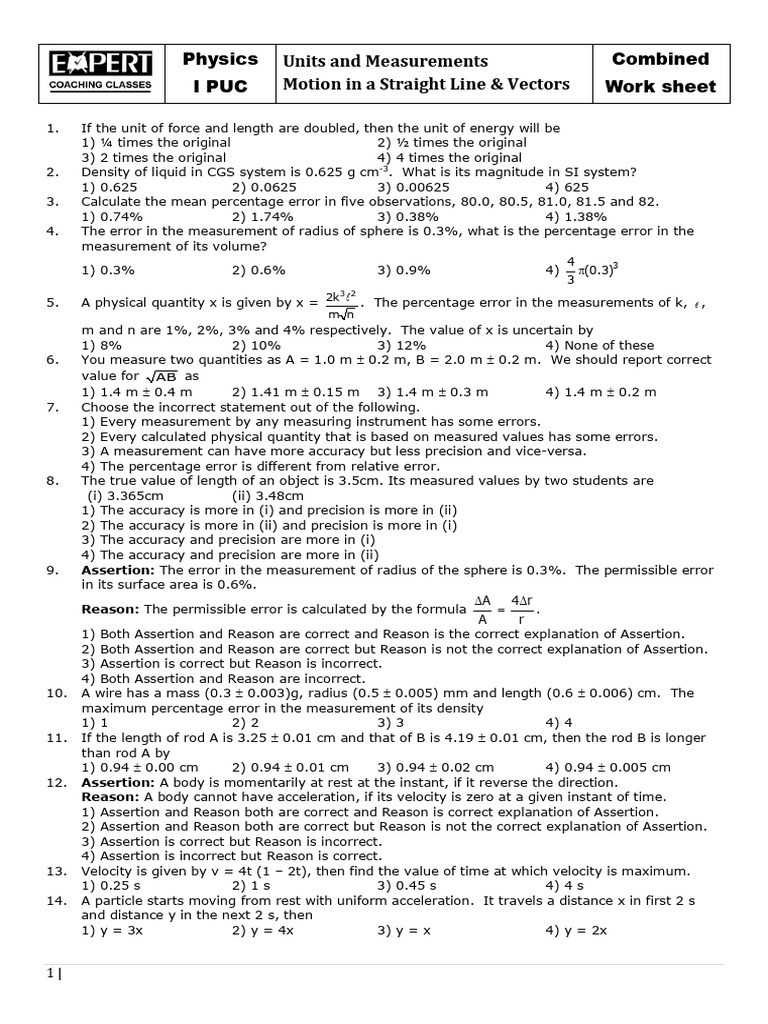 Physics Worksheet: Units, Motion & Vectors | PDF | Accuracy And ...