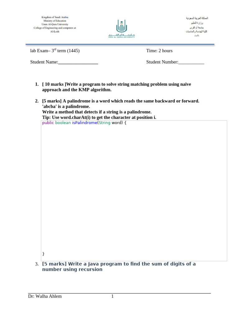 Java Lab Exam: String Matching & Recursion | PDF