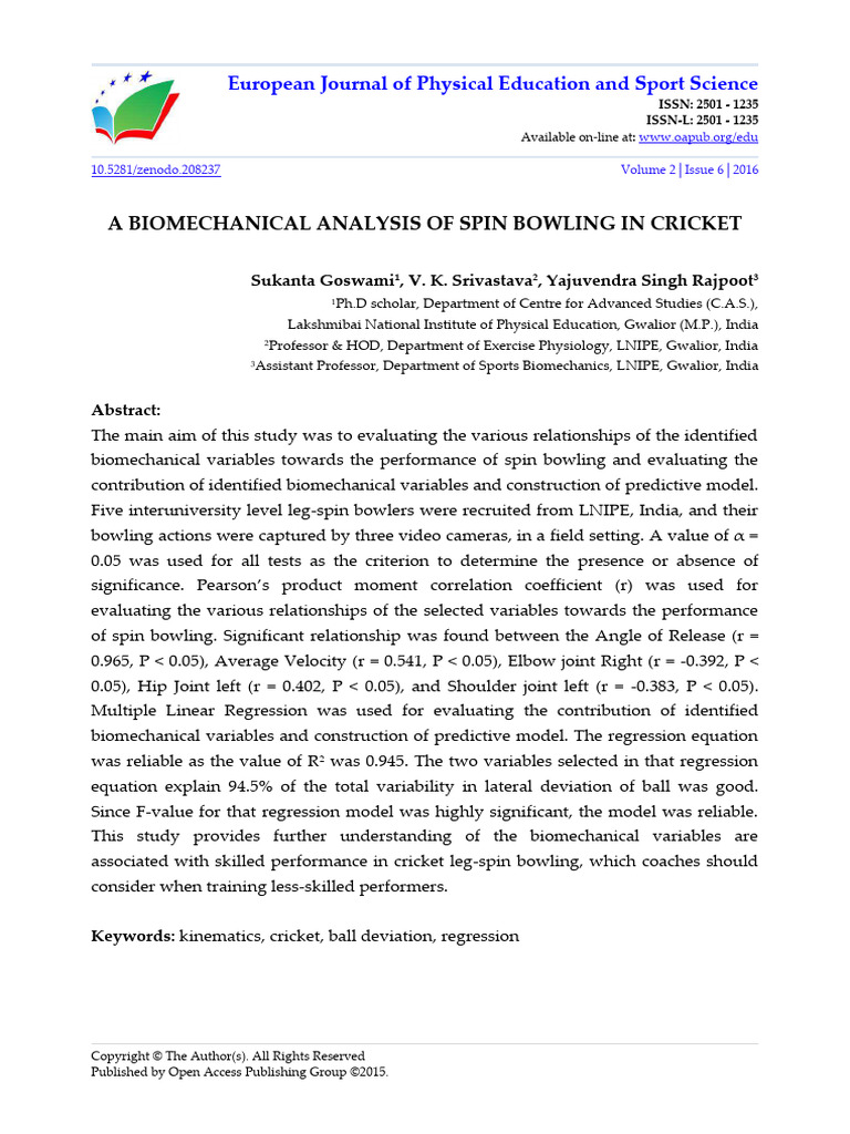 Biomechanical Insights on Spin Bowling | PDF | Bowling (Cricket) | Cricket