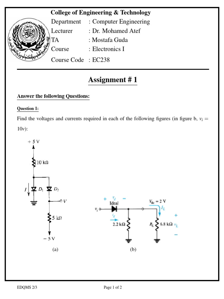 Electronics I Assignment EC238 Questions | PDF
