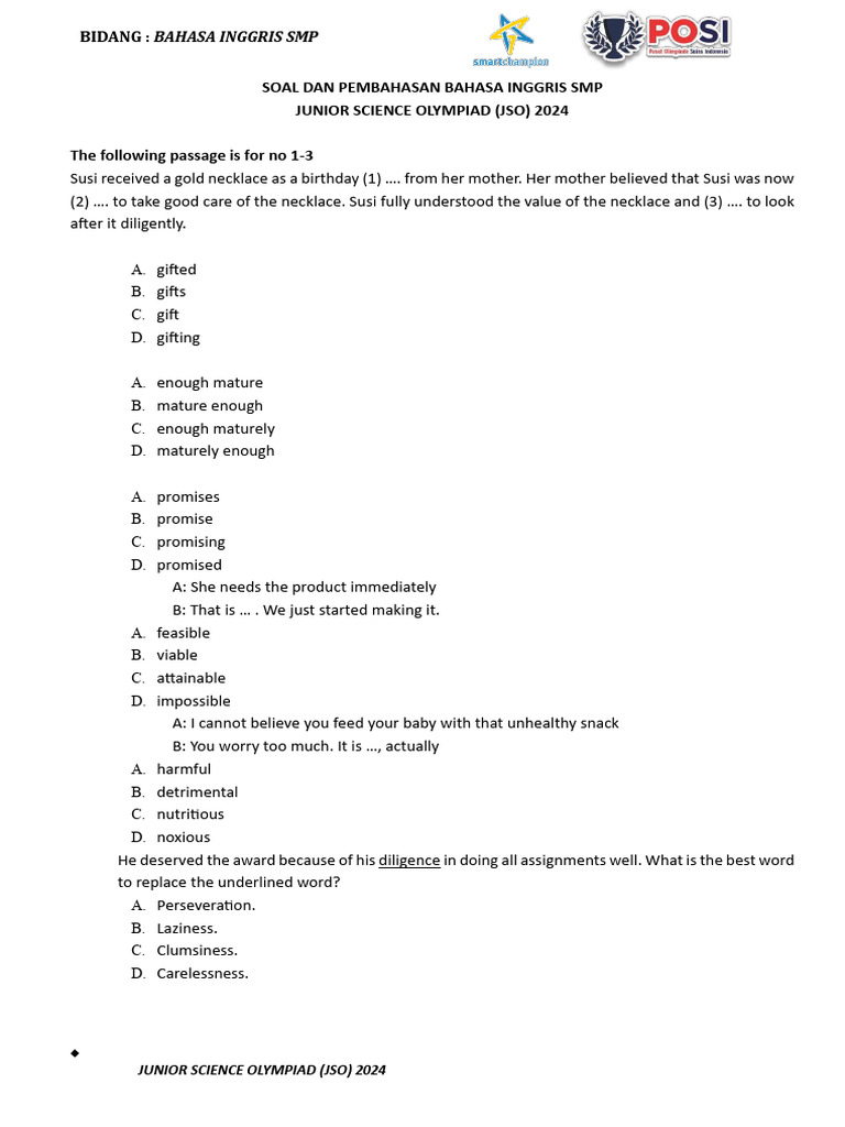English Olympiad Questions for SMP 2024 | PDF