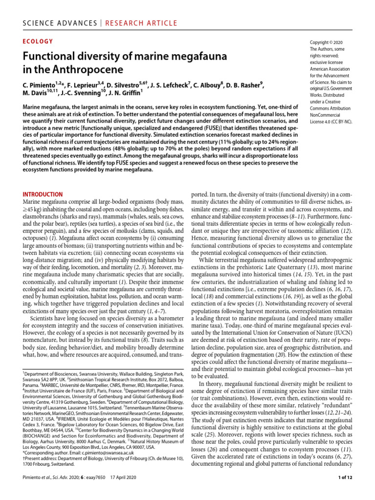 Marine Megafauna Functional Diversity Risks | PDF | Megafauna ...