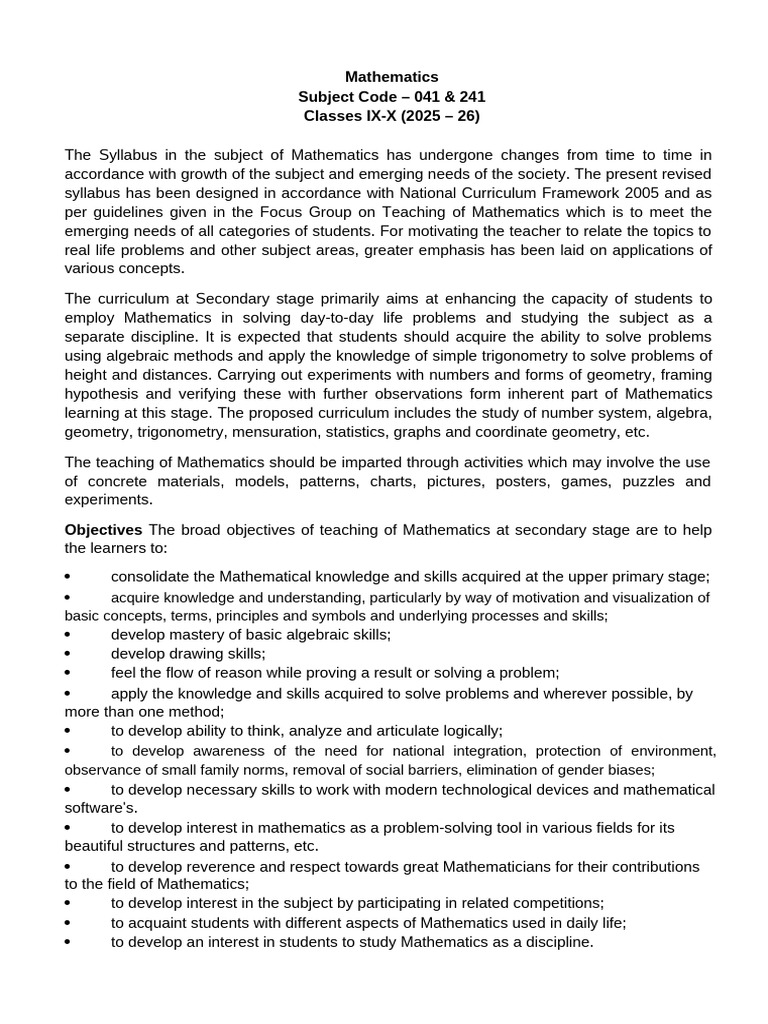 Revised Mathematics Syllabus IX-X 2025-26 | PDF | Trigonometric ...