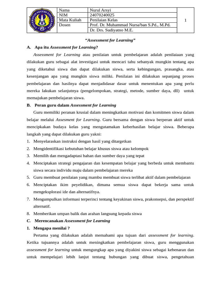 Panduan Lengkap Assessment for Learning | PDF