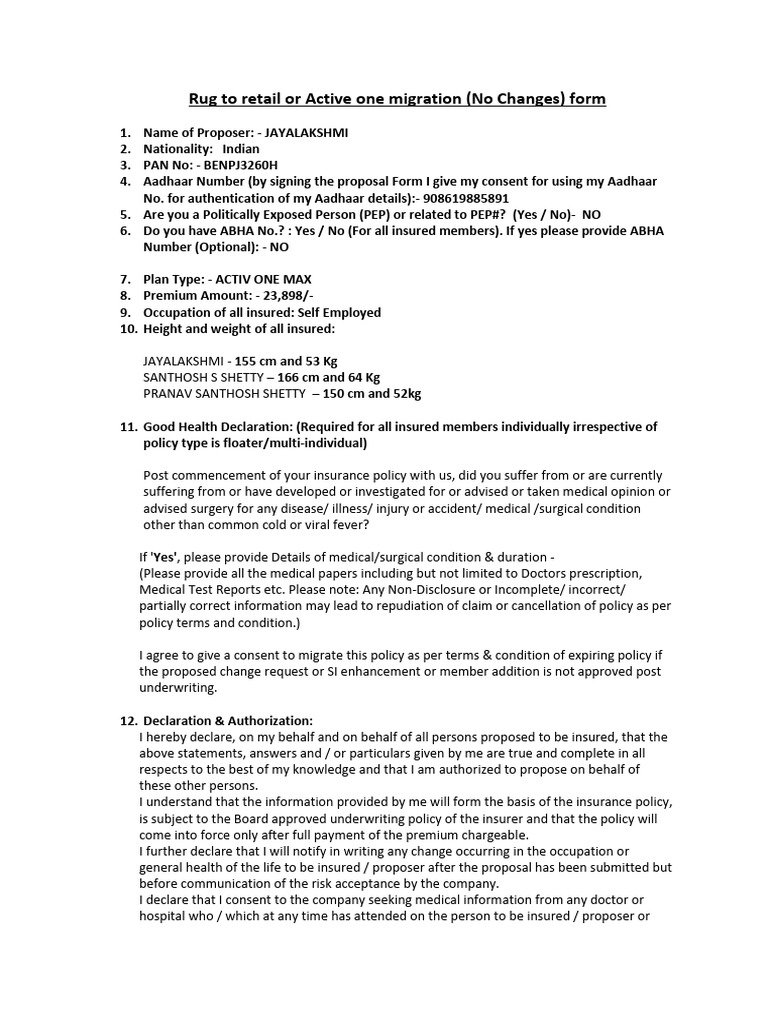 Active One Migration Proposal Form | PDF | Insurance | Underwriting