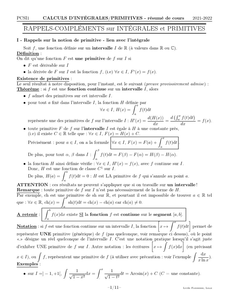 Intégrales et Primitives : Résumé Cours | PDF | Intégral | Objets ...