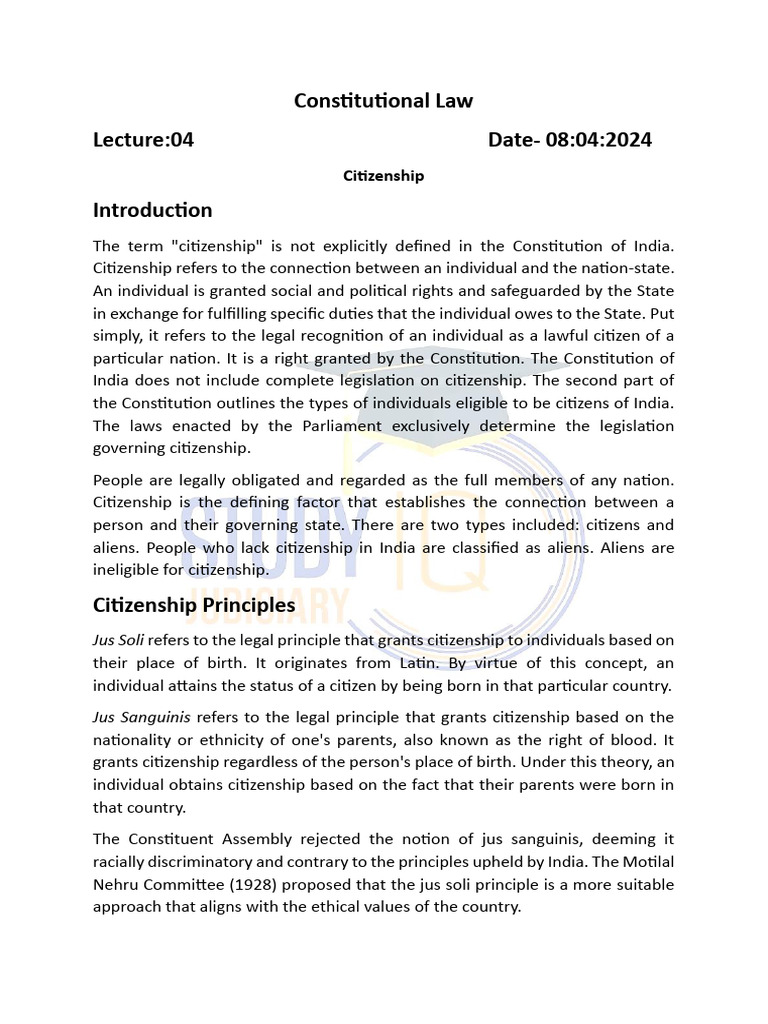 Indian Citizenship Explained: Principles & Laws | PDF | Citizenship ...