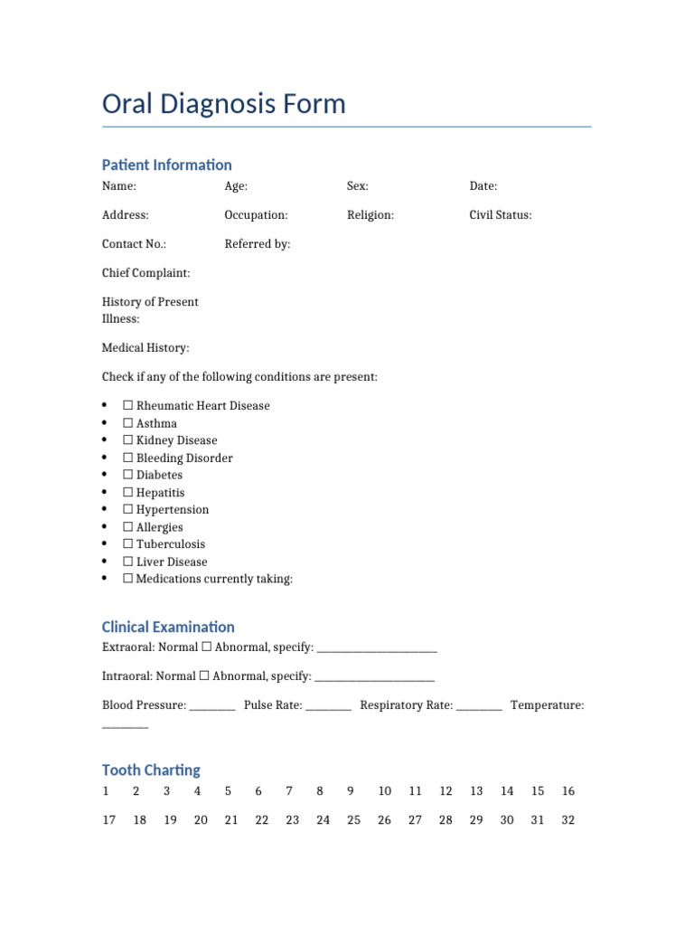 Oral Diagnosis Form Template | PDF