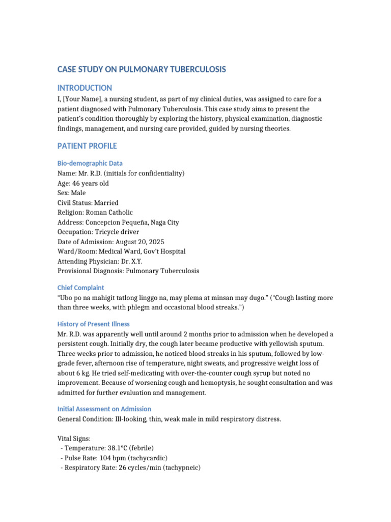 Pulmonary Tuberculosis Case Study Analysis | PDF | Tuberculosis | Cough