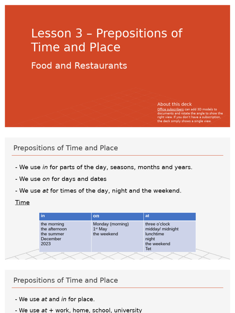 Prepositions of Time and Place Guide | PDF | Lunch | Eating Behaviors ...