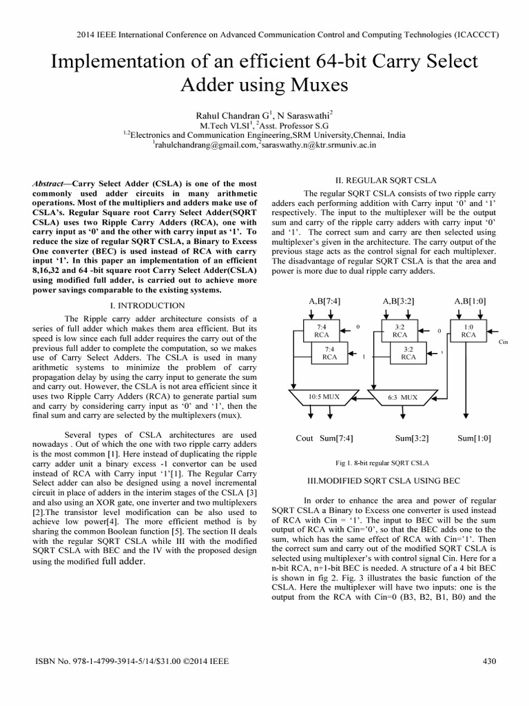 Efficient 64-bit Carry Select Adder Design | PDF | Electronics ...
