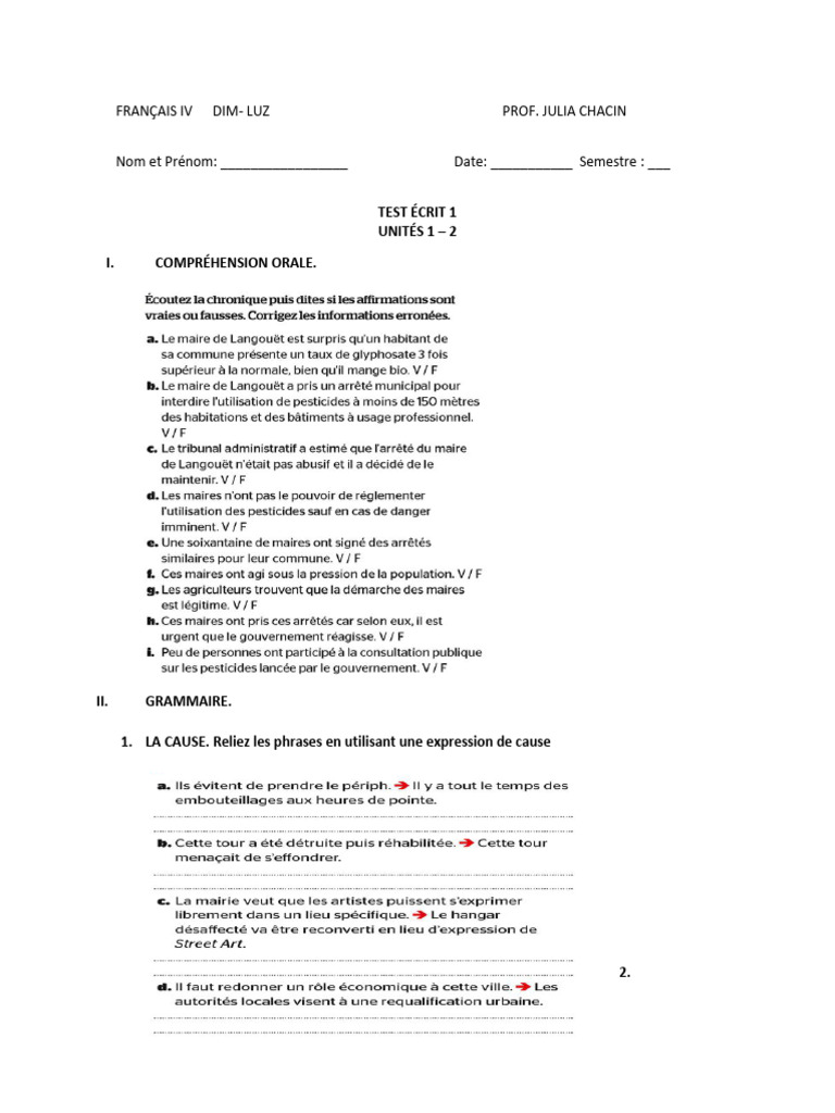 Test Écrit de Français IV : Grammaire et Compréhension | PDF