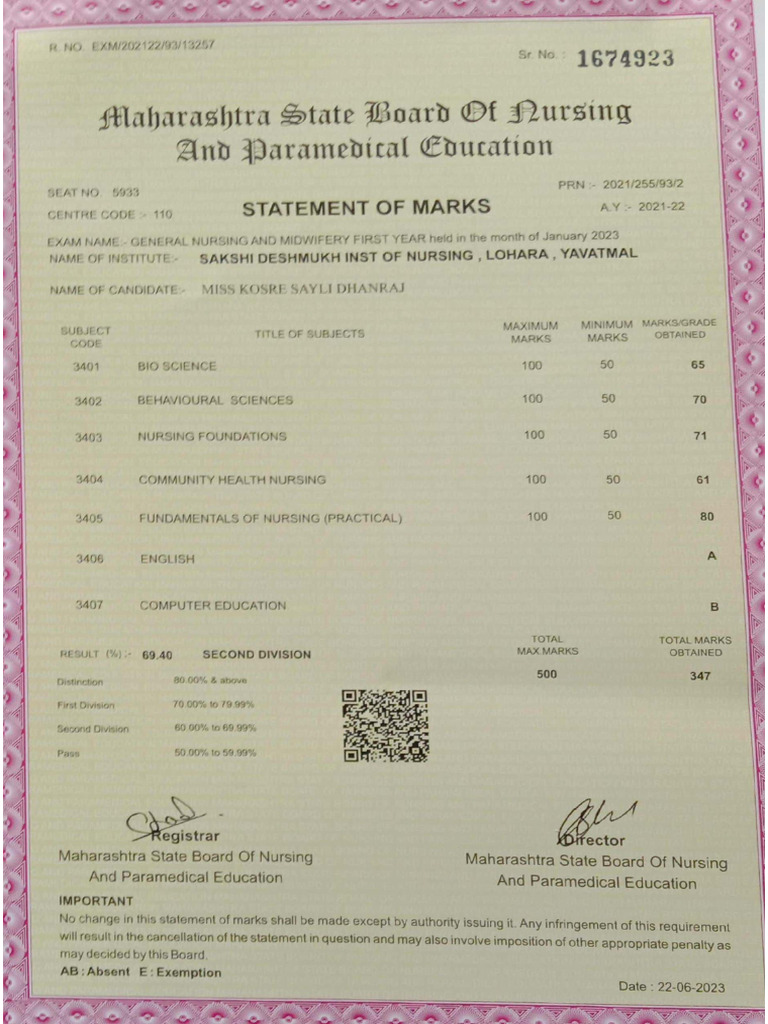 GNM 1st Yr Marksheet | PDF