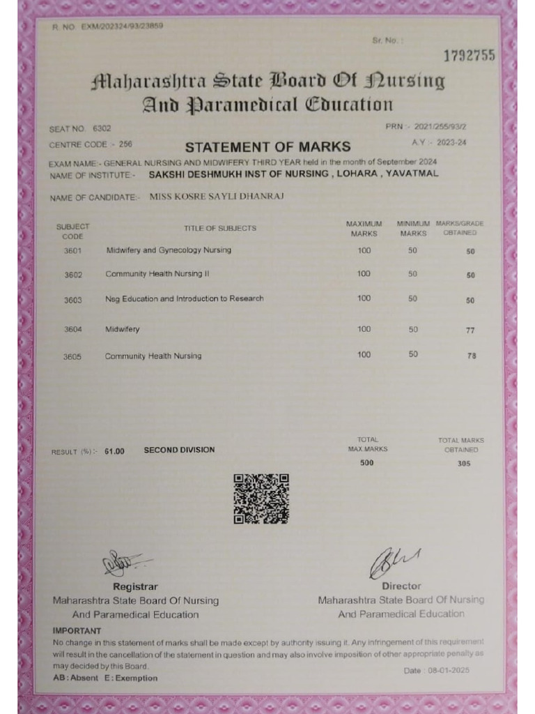 GNM 3rd Yr Marksheet | PDF