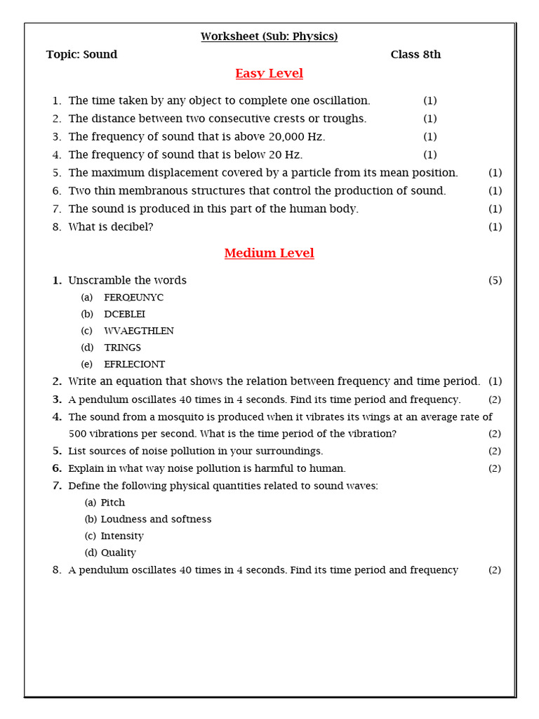 Sound Concepts Worksheet for Class 8 | PDF | Sound | Frequency